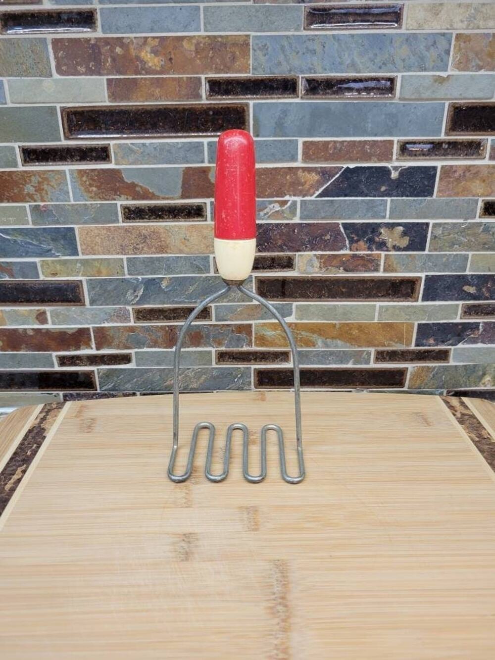 Vintage Androck Potato Masher Red White Plastic Handle 1950s Mid Century Kitchen
